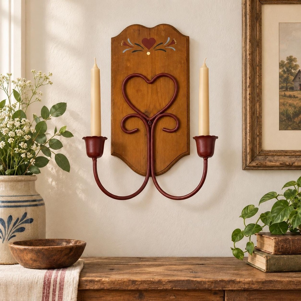 Vintage Country Heart Wall Sconce Candle Holder Wood Metal Double Arm Farmhouse